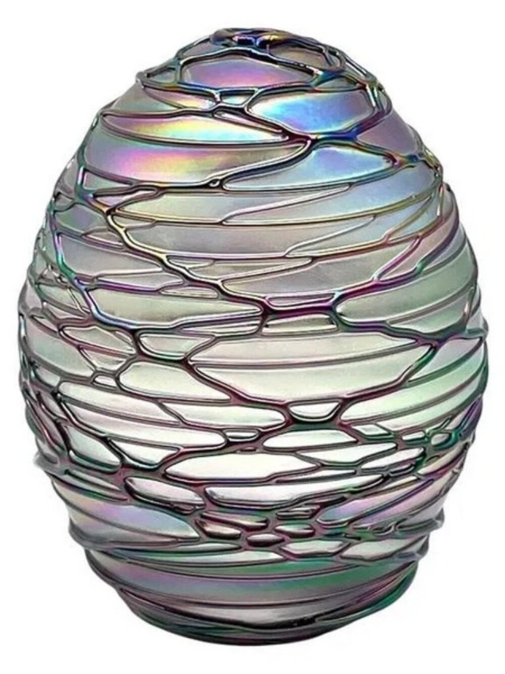 STUNNING IRRIDESCENT GLASS THREADED ART GLASS GOOSE EGG SIZE EGG ART PAPERWEIGHT